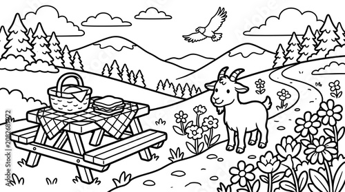Cute cartoon goat and picnic basket in a mountain landscape with an eagle flying
