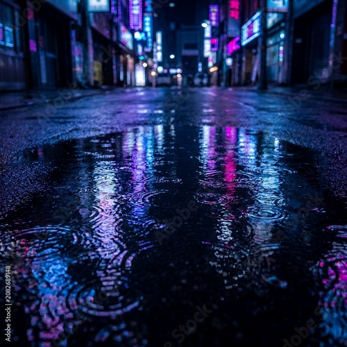 Cyberpunk street night reflections in rainy pavement puddles.