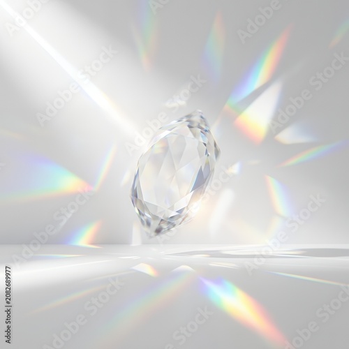 Diamond gemstone with rainbow prism light refractions.