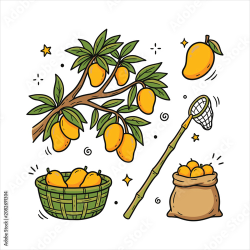 Mango harvest farming vector doodle icon set