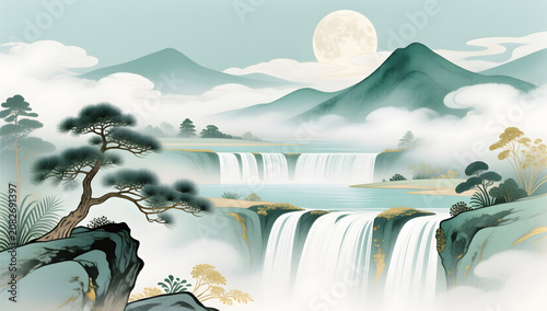Waterfalls Pine Rocks Chinese Landscape illustration background