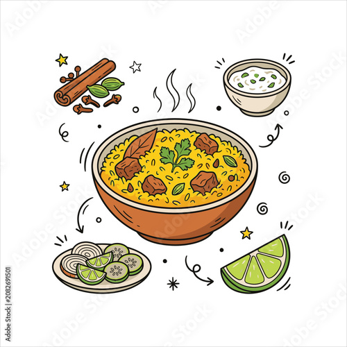 Indian mutton curry vector doodle food set