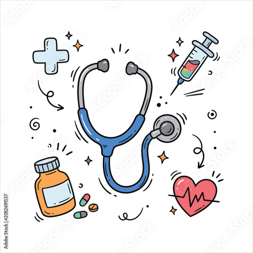 Doctor medical stethoscope vector doodle icon set
