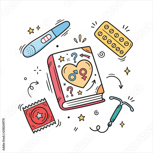 Pregnancy test birth control vector doodle set