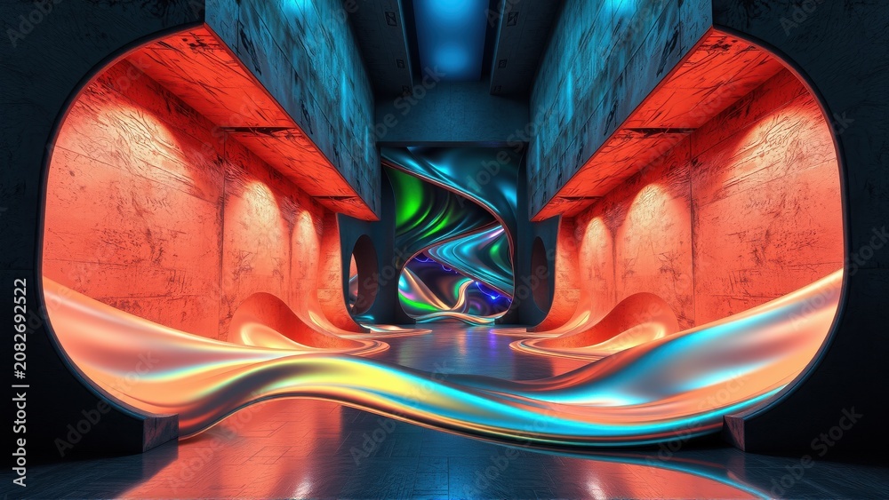 Fototapeta premium Abstract tunnel, vibrant colors, futuristic design. Smooth curves, dramatic lighting, concrete textures create immersive space.