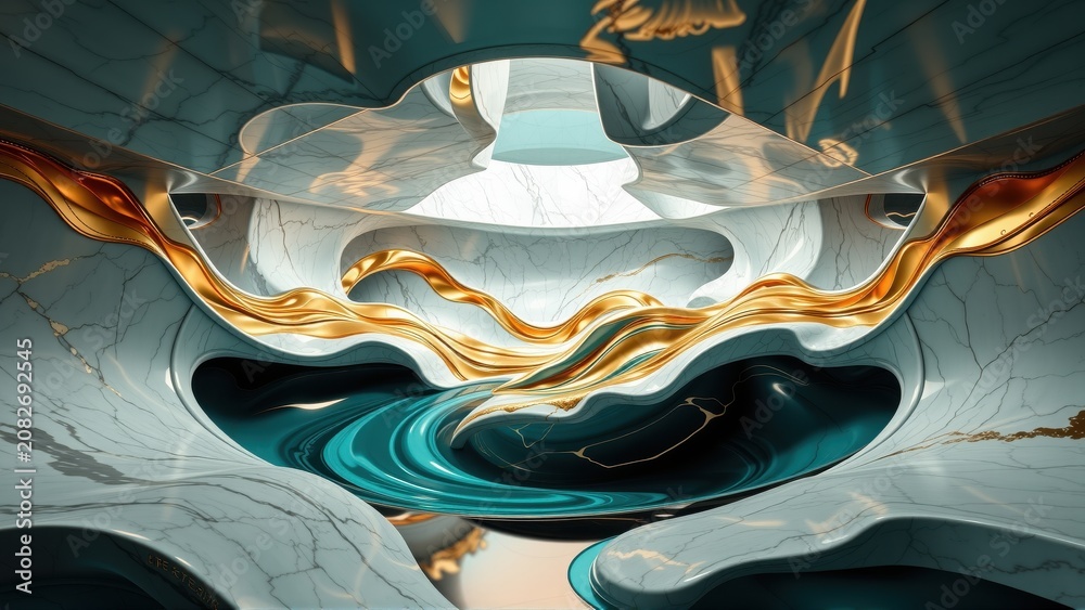 Fototapeta premium Abstract fluid shapes, marble textures, golden highlights. Dramatic lighting creates depth, intriguing organic forms. Minimalist composition.