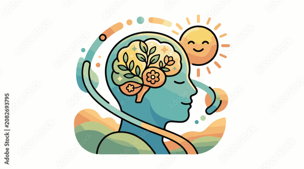 Fototapeta premium Blooming mind with sunshine and nature elements
