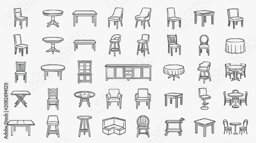 Professional Line Drawing Set of Monochromatic Furniture Icons Including Chairs Tables Stools Cabinets and More