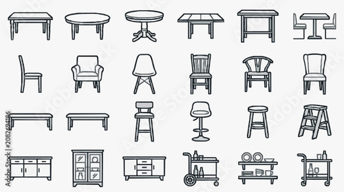 Professional Line Drawing Set of Monochrome Furniture and Home Accessories Icons for Design Projects