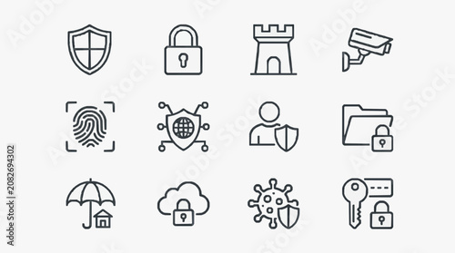 Dynamic Set of Monochromatic Security and Protection Icons Featuring Shields Locks Surveillance Biometrics and Digital Safety Symbols