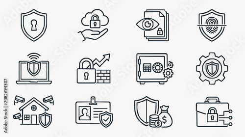 Corporate Security and Protection Icons Set Black and White Line Art Illustrations Featuring Shields Locks Clouds Surveillance and Data Safety