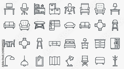 Industrial Minimalist Line Drawing Set of Various Furniture and Home Decor Icons in Monochrome with high quality professional line art symbols for modern creative design and digital branding projects
