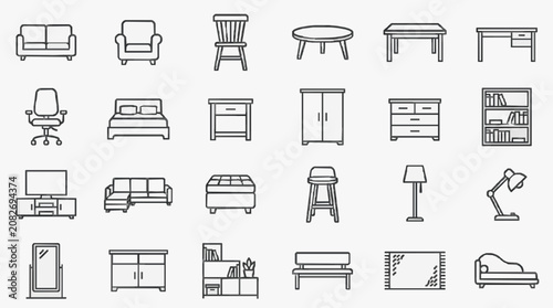 Modern Minimalist Line Drawing Icons Set of Various Furniture and Home Office Essentials in Black and White