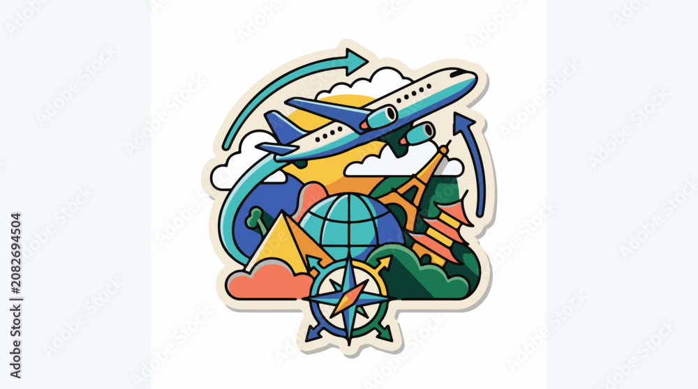 Fototapeta premium Airplane flying over global landmarks and compass