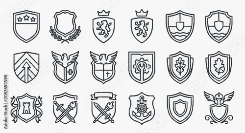 Modern Black and White Line Art Collection of 24 Unique Heraldic Shields and Emblems with Symbols Crests and Motifs