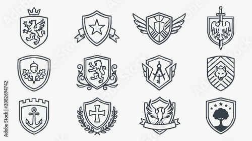 Minimalist Black and White Line Art Collection of 12 Unique Heraldic Shields and Emblems with Symbols like Eagles Crowns Stars and More
