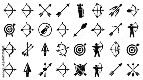 Photos Comprehensive collection of black archery icons including various bow styles, arrows, quivers, bullseye targets, and archer silhouettes for sports, hunting, and graphic design