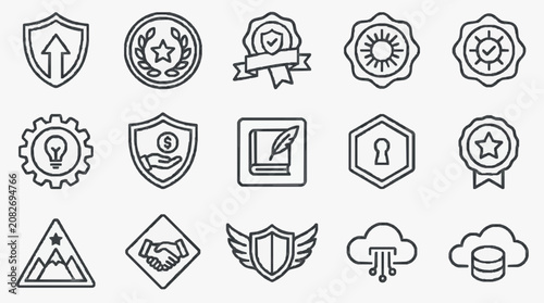 Modern Black and White Line Icons Set Featuring Business Technology Security and Achievement Symbols for Digital Use