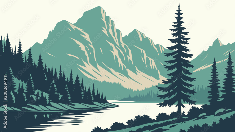 Fototapeta premium Scenic Mountain Lake Flat Vector Landscape