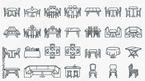 Modern Minimalist Line Drawing Collection of Various Furniture and Dining Setups in Black and White