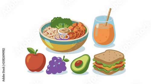 Assortment of healthy food items including a bowl juice apple grapes avocado and sandwich