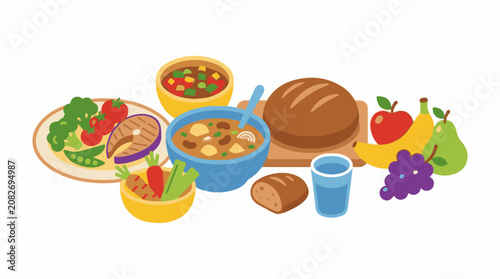 Assortment of healthy food items and drinks isolated on white