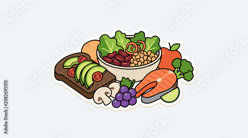 Assortment of healthy foods including fish avocado toast salad and fruit