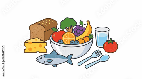 Assortment of healthy foods including fruit vegetables grains and protein