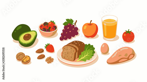 Assortment of healthy foods including fruits nuts bread egg and chicken