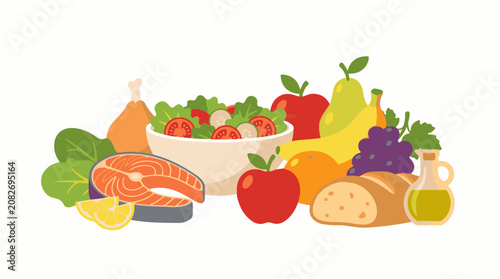 Assortment of healthy foods including fish chicken fruits and vegetables