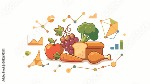 Assortment of healthy foods with data visualization elements