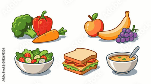 Assortment of healthy foods including vegetables fruits sandwich and soup