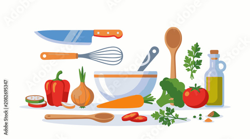 Assortment of kitchen utensils and fresh vegetables for cooking