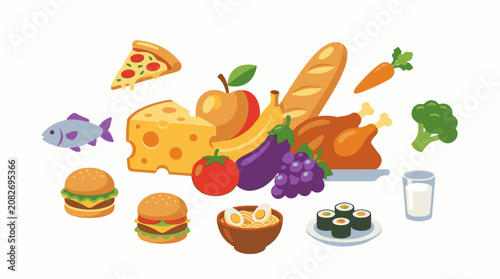 Assortment of pixel art food items including fish cheese pizza and burgers