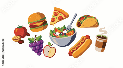 Assortment of pixelated fast food fresh produce and hot beverage
