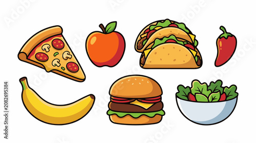 Assortment of popular fast food and fresh food items cartoon style