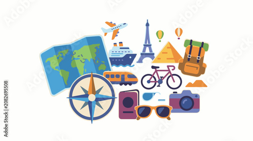 Assortment of travel icons map compass plane ship train icons