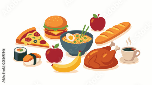 Assortment of various delicious foods arranged on a white background