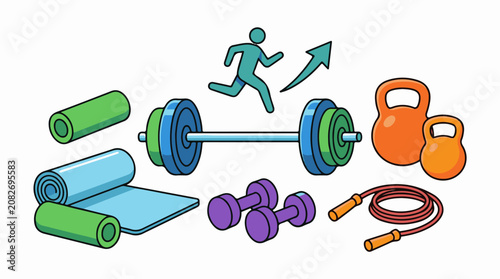 Assortment of workout equipment including a barbell dumbbells kettlebells jump rope and mats