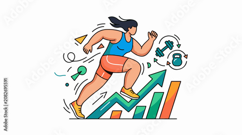 Athlete runs up a rising graph with weights and abstract shapes