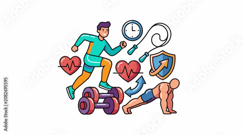 Athletes engaged in various fitness activities like running push-ups and using weights