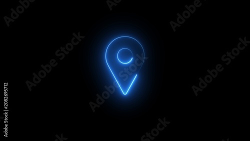 Canvas Print A stylized, glowing neon blue outline of a map pin is presented against a comple