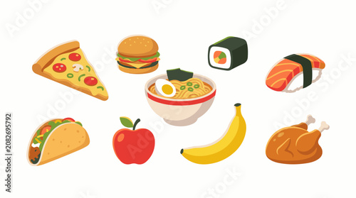 Assortment of various delicious and colorful food items depicted in pixel art style