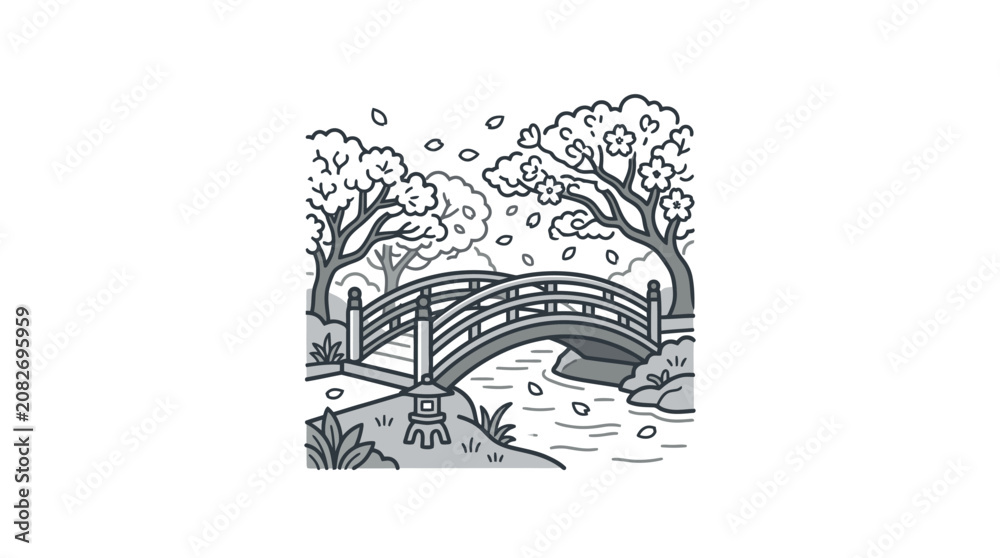 Fototapeta premium Clean Minimalist Black and White Line Drawing of a Serene Bridge Over a Calm Pond Surrounded by Cherry Blossom Trees