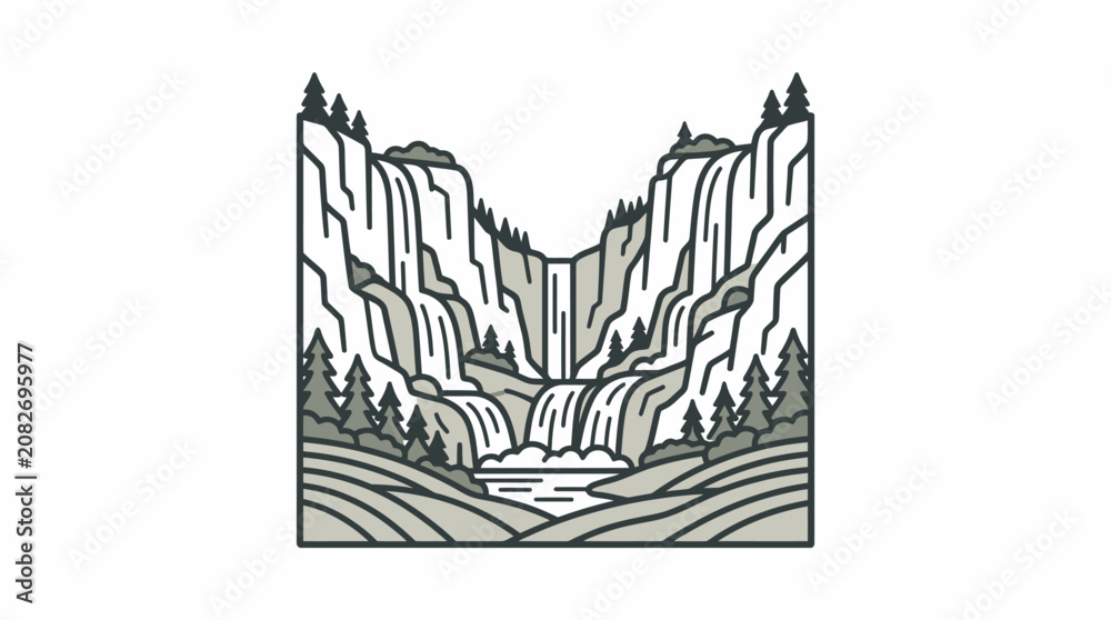 Obraz premium Clean Minimalist Black and White Mountain Landscape with Waterfall and Forest with high quality professional line art symbols for modern creative design and digital branding projects