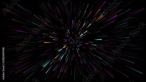 фотографія A vibrant explosion of colorful light streaks in teal purple and orange emanating from a central point against a deep black background, evoking a sense of speed and cosmic energy