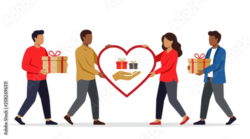 Fotografía Diverse people holding a large heart and carrying gift boxes