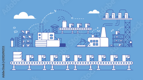Manufacturing facility processes products along an automated assembly line conveyor system.