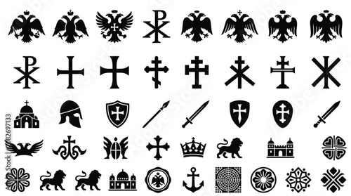 Foto A collection of  various medieval symbols and crests on a white background including blok blck designs