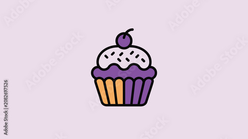 Cupcake topped with a cherry sits against a soft purple backdrop to serve as a festive food graphic for bakery advertisements.